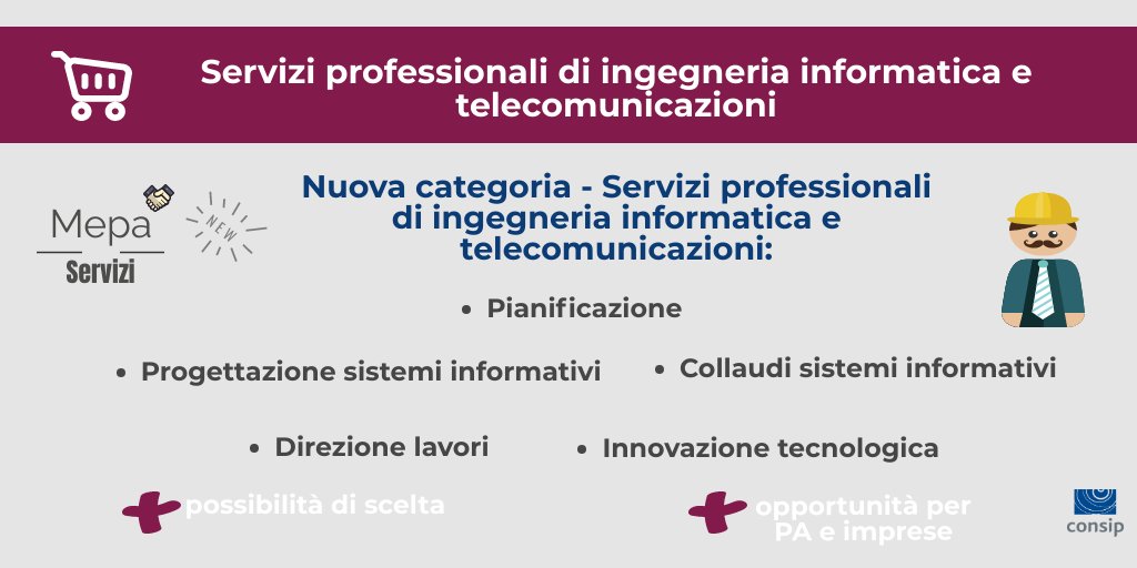 Consip_Spa's tweet photo. #Losaiche sul #Mepa è possibile negoziare anche i servizi professionali di ingegneria informatica e telecomunicazioni? Scopri come: https://t.co/p8OoOYQ6CJ https://t.co/4M4g7pvriM