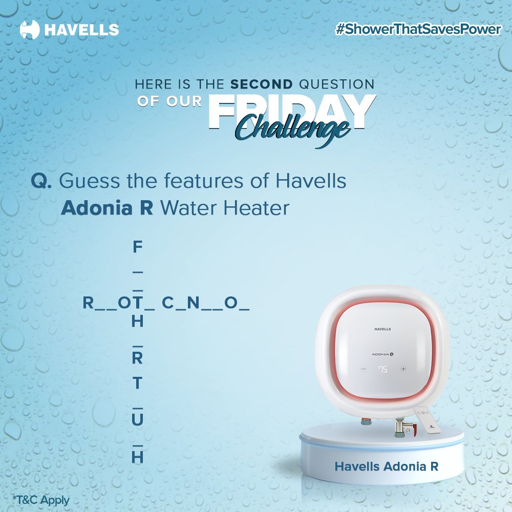 Guess the words related to Havells Adonia R Water Heater on our crossword puzzle and tell us in the comments below👇 You can win a gift voucher. 

For terms and conditions, click here - bit.ly/FridayChalleng…

 #ShowerThatSavesPower #FridayChallenge #ContestAlert