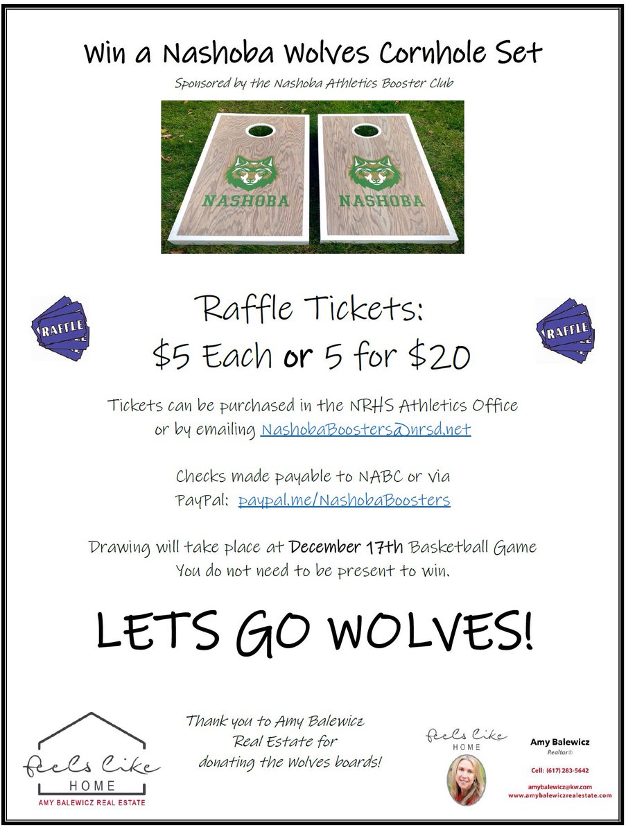 NashobaBoosters's tweet photo. 🐺 We are raffling off a Nashoba Wolves Cornhole set due to a generous donation from Amy Balewicz Realty! 🐺

Raffle tickets can be purchased with cash, check made payable to NABC, or through PayPal (https://t.co/nFUN4uVZLv) https://t.co/nWKqdOehKY