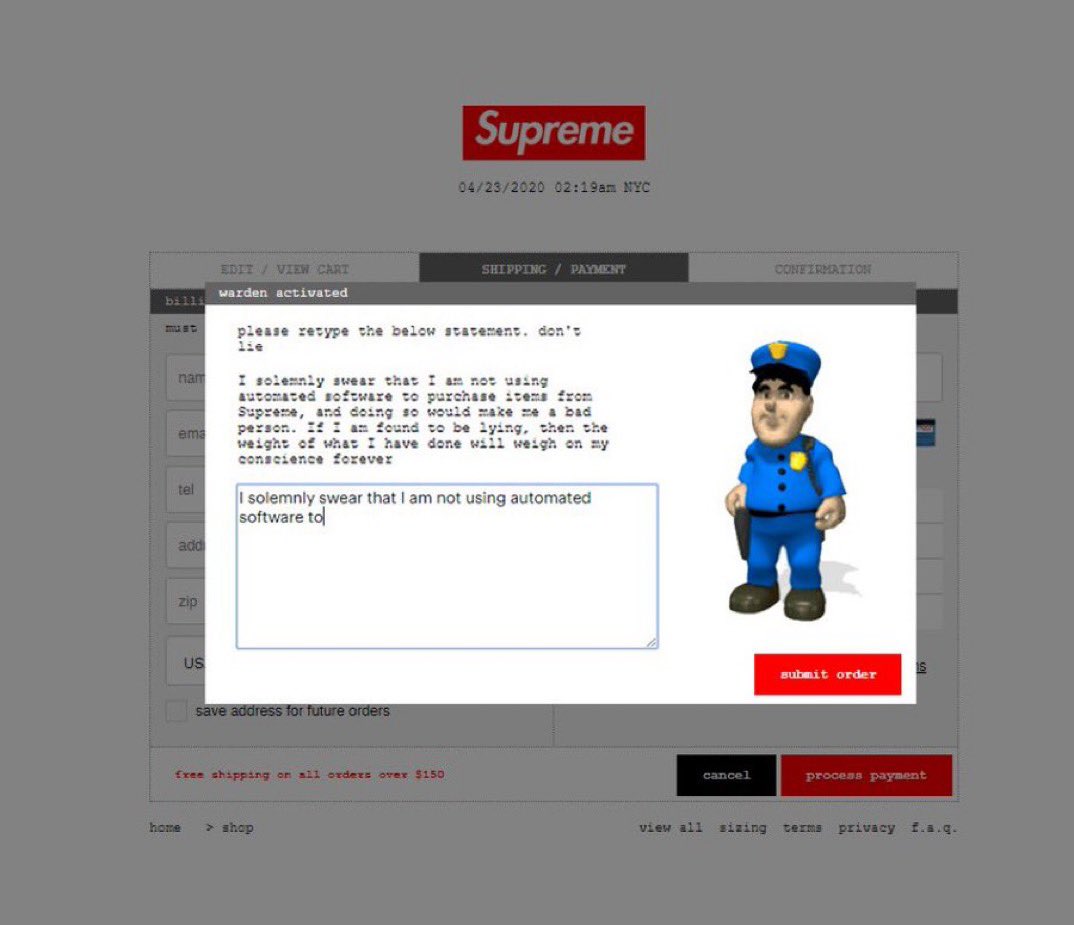 KanyeBrother's tweet photo. 🚨 ALERT 🚨
Supreme will be implementing an anti-bot called Warden tomorrow. This is what it will look like #supreme #supremebogo https://t.co/C9kxH6s1LB