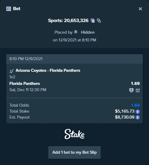 ALERT: New high roller bet posted!
A bet has been placed for $5165.73 on Arizona Coyotes - Florida Panthers to win $8,730.09.
To view this bet or copy it https://t.co/io94IY34jX https://t.co/Fg71qEE82j