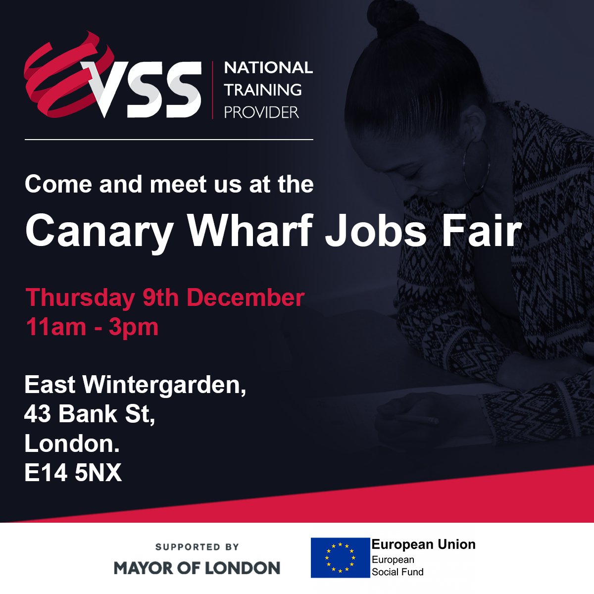 Come and meet us at the Canary Wharf Jobs Fair today (11am - 3pm). 

We offer funded training programmes in London.

Contact us on 0203 929 2192, courses@vocationalsolutions.co.uk, or vocationalsolutions.co.uk.
 
 #canarywharfjobsfair #vss  #jobseekers #jobsearch #london #jobsfair