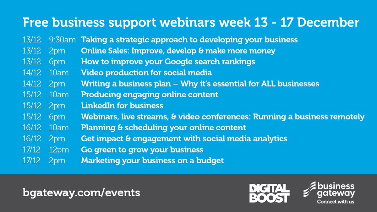 Looking to start-up, adapt or grow your #business? Our #webinars have you covered! 💻 From writing a business plan to improving your #SEO - there's something to suit each stage of your journey. Check out the programme for 13 - 17 Dec & book your space 👉 ow.ly/x9sB50H6P2i