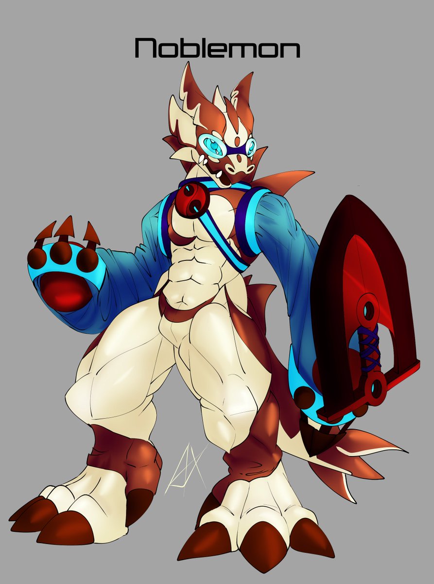 VantonDraws's tweet photo. kinda going off with these #digifake designs rn, at least its helping me stay motivated to keep up with #digicember consistently. this is Noblemon, Sheathmon's Champion stage. https://t.co/4XVba2yOD1