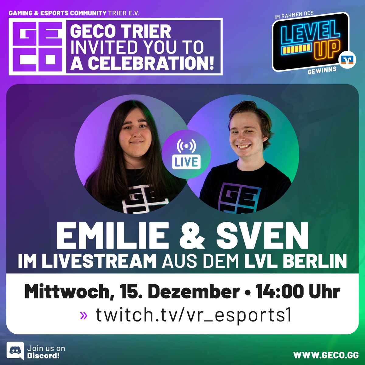 Am 15.12. könnt ihr <a href="/Razora_/">Razora • Emilie</a> und @SylvCast ab 14 Uhr im Live Stream der <a href="/VBRB_Gaming/">VBRB_Gaming</a> mit <a href="/Sissorstream/">Sissor 🐱🐱🦊</a> aus dem <a href="/lvlberlin/">LVL Berlin</a> sehen: twitch.tv/vr_esports1

Obendrauf gibt es noch die Premiere unserer Homestory zu bewundern. Einschalten!

#gaming #esports #community #trier #levelup