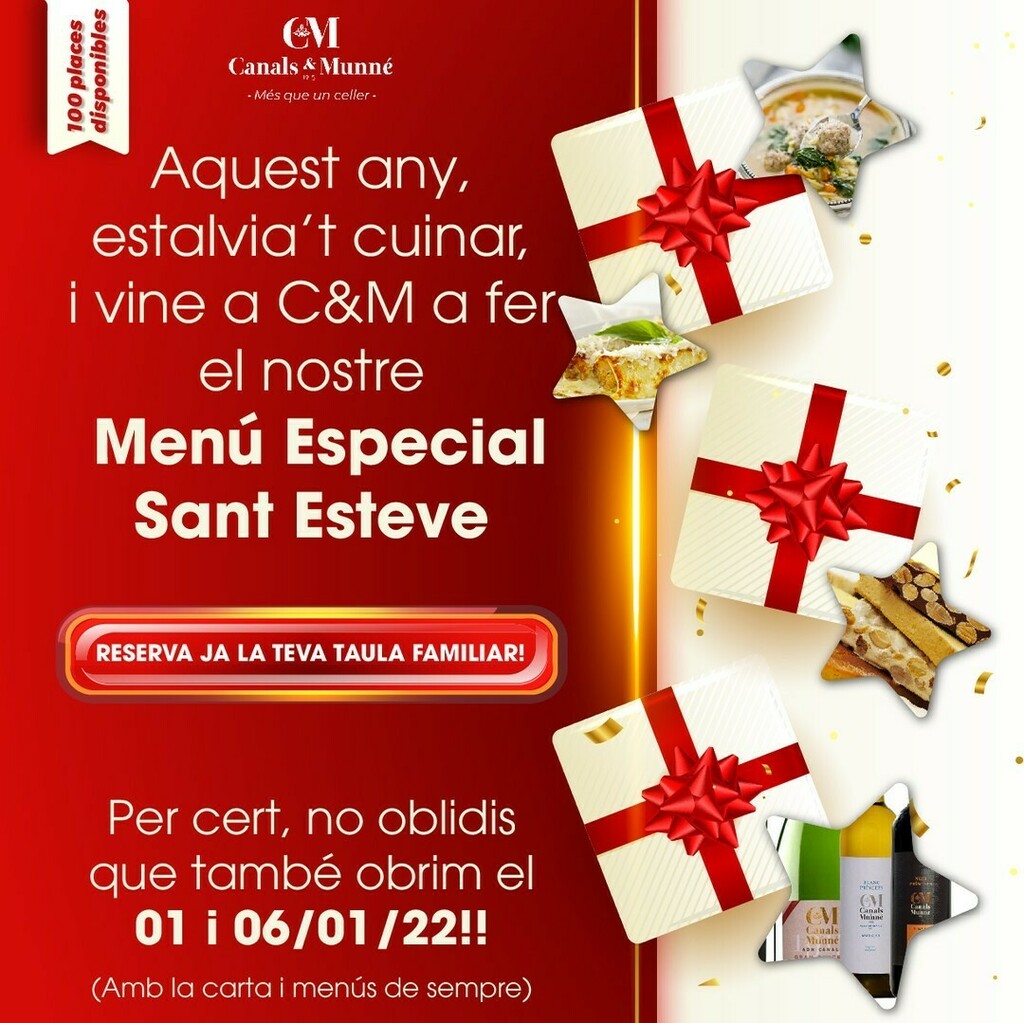 CanalsiMunne's tweet image. MENÚ ESPECIAL SANT ESTEVE 🥂🎄

Aquest any, estalvia’t cuinar, i vine a C&amp;amp;M a fer el nostre Menú Especial Sant Esteve: ift.tt/3IxOdU4

No t'ho pensis ni un minut, reserva ara -&amp;gt; ift.tt/3GudXyM

#nadal #menunavidad #docava #dopenedes #sa… instagr.am/p/CXQZ0HFMavn/