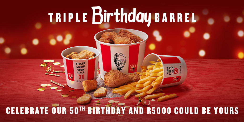 METROFMSA's tweet photo. Celebrate KFC’s 50th year in Mzansi and R5000 could be yours! What you need to do is retweet this tweet, tag @METROFMSA and use #KFCTurns50. We might phone you live on air to choose between 3 buckets for that R5000 prize. https://t.co/In3Q8GUkwP