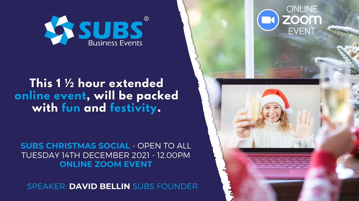 It’s the #SUBS Business Events Christmas Social on 14th Dec 12pm.

This is for all our SUBS Groups (<a href="/SUBSAltrincham/">SUBS Altrincham</a>, <a href="/SUBSStockport/">SUBS Stockport</a>, SUBS Stretford &amp; Urmston and SUBS Warrington). So wherever your business is located, you are most welcome to join us here: portal.subsbusinessevents.co.uk/post/subs-chri…