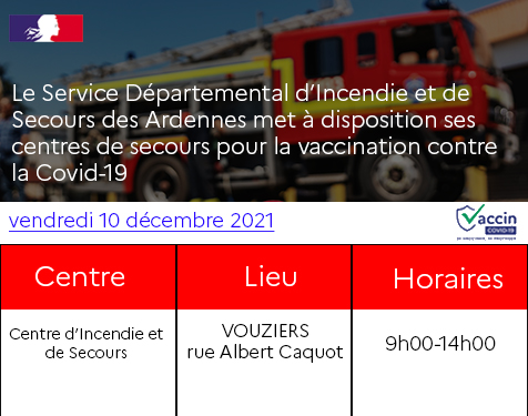 Préfet des Ardennes 🇫🇷🇪🇺 (@prefet08) on Twitter photo 🚒Le Vendredi 10 décembre, à Vouziers , le <a href="/sdis08/">SDIS des Ardennes</a> des #Ardennes se mobilise pour vacciner contre la COVID-19 (❗️ #Vaccin Moderna uniquement pour les 30 ans et plus).
❗ INSCRIPTIONS OBLIGATOIRE SUR DOCTOLIB 🚒Le Vendredi 10 décembre, à Vouziers , le <a href="/sdis08/">SDIS des Ardennes</a> des #Ardennes se mobilise pour vacciner contre la COVID-19 (❗️ #Vaccin Moderna uniquement pour les 30 ans et plus).
❗ INSCRIPTIONS OBLIGATOIRE SUR DOCTOLIB