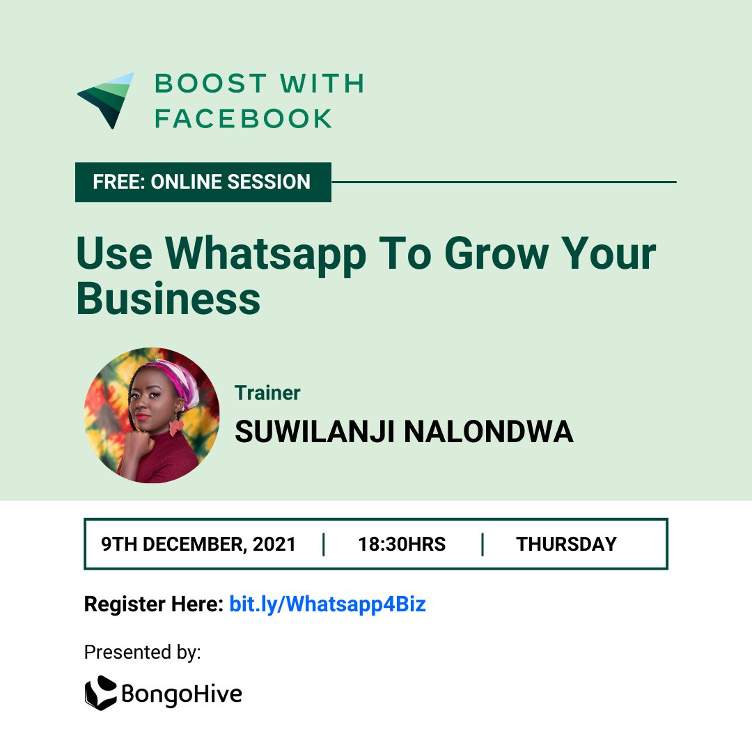 BongoHive's tweet photo. Why use Whatsapp for your business?
✅ Profound relationships with customers
✅ Higher conversion rate
✅ Better sales
✅ Lower cost of marketing
Learn how you can get started by joining our free session today at 18:30 hrs.
✍🏽https://t.co/cGs5HP78N8
#BoostwithfacebookZM https://t.co/QcrAY7s2kH