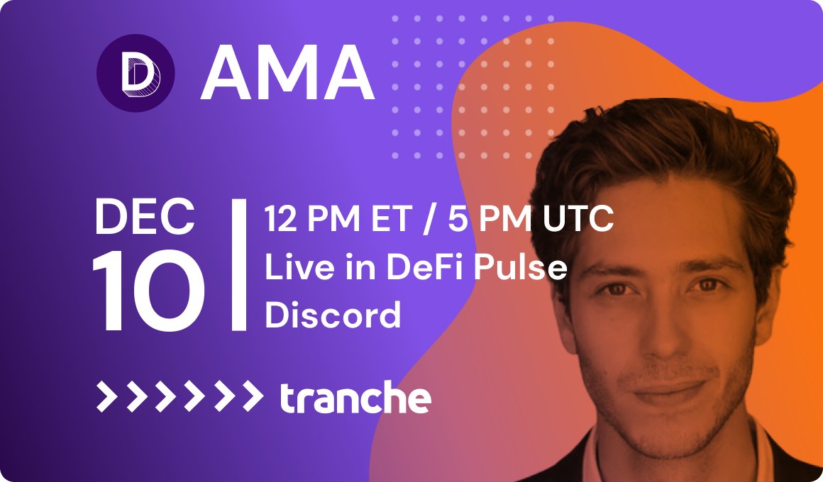 Tranche Finance (@tranchefinance) on Twitter photo We'll be answering your questions tomorrow, December 10th, on the <a href="/defipulse/">DeFi Pulse</a> discord channel for the Tranche dedicated AMA. Come ready with your questions and let us know your thoughts! Join here: discord.gg/6jZHHDFB We'll be answering your questions tomorrow, December 10th, on the <a href="/defipulse/">DeFi Pulse</a> discord channel for the Tranche dedicated AMA. Come ready with your questions and let us know your thoughts! Join here: discord.gg/6jZHHDFB