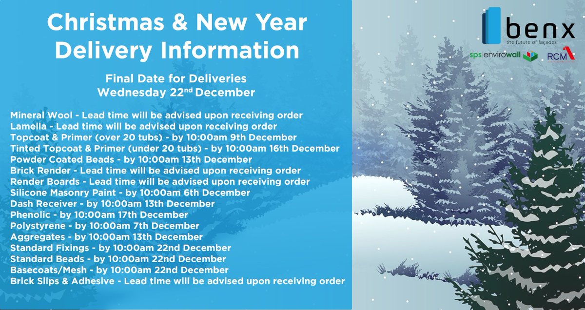 Please read the below information regarding our final order &amp; delivery dates for 2021. If you have any questions please contact a member of the team on 0845 519 8641 or via our website - benx.co.uk/contact/

#TheFutureofFacades #construction #building #facades