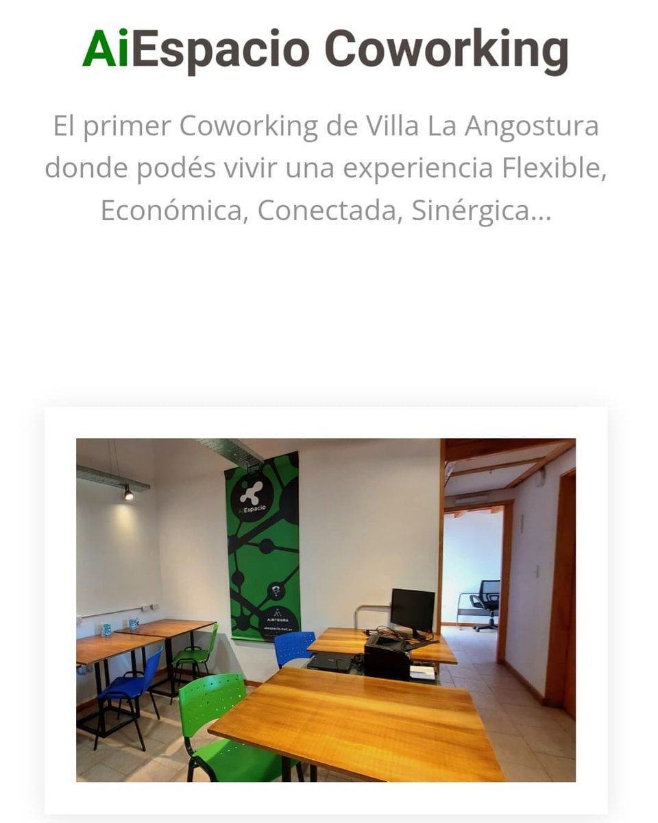 Te esperamos en #AiEspacio
El primer #coworking de #VillaLaAngostura 

+549 2944246655