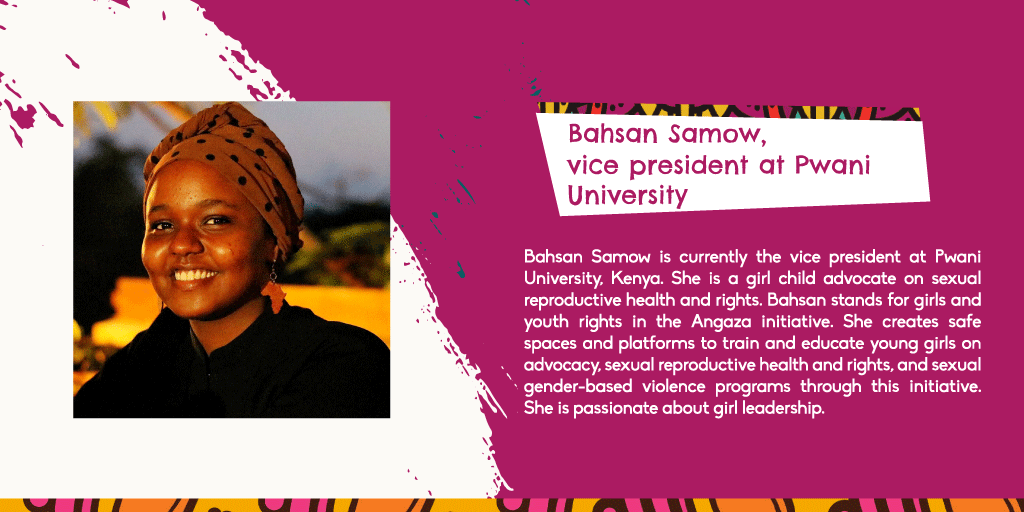 AkiliDada's tweet photo. #GirlInspire 
Bahsan creates safe spaces and platforms to train and educate young girls on advocacy, #SRHR, &amp; sexual gender-based violence programs through this initiative. She is passionate about girl leadership. @Bahsan_samow
#WWAS2021 #WasichanaWaAfrika #GirlsLead GBV https://t.co/cmH7UIjaB7