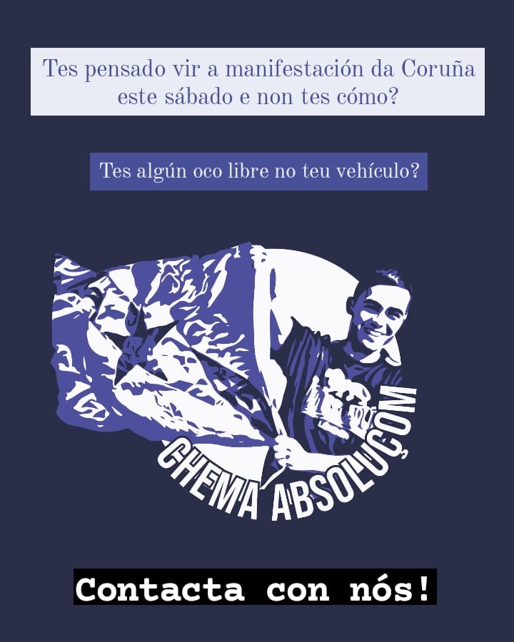 absolucionchema's tweet photo. Este sábado vemonos na Coruña ás 20:00. Se non tes cómo ir ou tes sitio para máis xente no teu vehículo, contacta con nós!
#AbsolucionChema https://t.co/esWv7Sruft