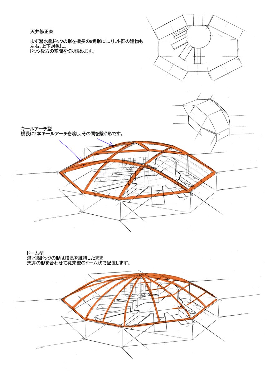 一番苦労したのは天井でした
ドーム型だと野球場の外野のような無駄な空間が生まれてしまったためデザインを修正することに
結果的にキールアーチ型に落ち着きました 