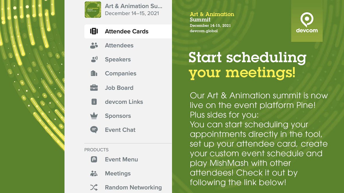 gamescomdev's tweet photo. #ArtandAnimation summit is now live on Pine! You can now:
📍send meeting requests (All Access & Recruitment Pass)
📍start scheduling incoming appointments
📍set up your attendee card
📍create your custom event schedule
📍play ©MiSH MASH with other attendees
#devcom #pinetool https://t.co/xYcX02CBQM