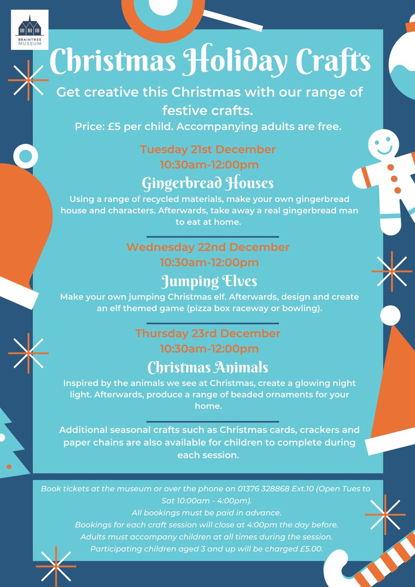 Book now for our festive family crafts this Christmas holiday! 🎄☃️🎅
Call us on 01376 328868 (Ext.10) or pop into the Museum to book. 

Fore more info, please visit our website: ow.ly/1jPB50H6imH

#BacktoMuseums  #HalfTerm #FamilyCrafts  #Christmas