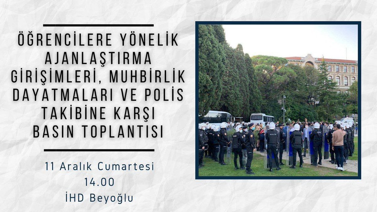 Arkadaşlarımıza yönelik ajanlaştırma girişimleri, muhbirlik dayatmaları ve polis takibine karşı 11 Aralık Cumartesi saat 14.00'te İHD Beyoğlu'ndaki basın açıklamasına, dayanışmaya çağırıyoruz.
