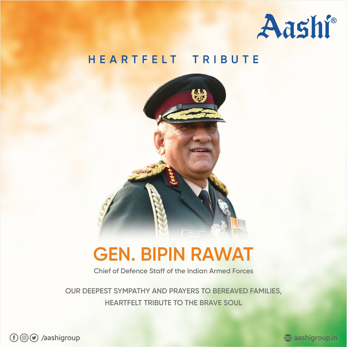 AASHIGROUP's tweet photo. Our deepest sympathy and prayers to bereaved families, 
heartfelt tribute to the brave soul
#BipinRawat #RipBipinRawat #generalbipinrawat #cdsbipinrawat #RestinPeace #IndianArmy #aashigroup #aashirainwear #aashiplastic https://t.co/miTTpz7FGd
