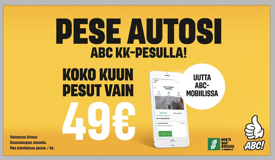 Kk-pesu nyt saatavilla Arinan ABC CarWash yksiköissä. Toimii ABC-mobiililla ja on helppoa 👍