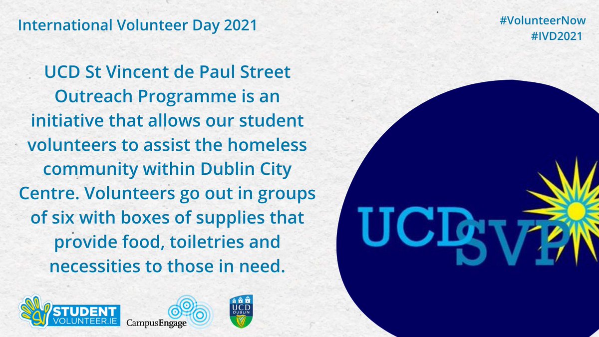 For #IVD2021 we are celebrating the work of our student volunteers like the <a href="/UCDCommunity/">UCD in the Community</a> <a href="/UCD_SVP/">UCD SVP</a> Street Outreach Programme who provide boxes of supplies, food &amp; toiletries to those in need.

Read more about the efforts of student volunteers at 👉 studentvolunteer.ie/reports/The_Va…