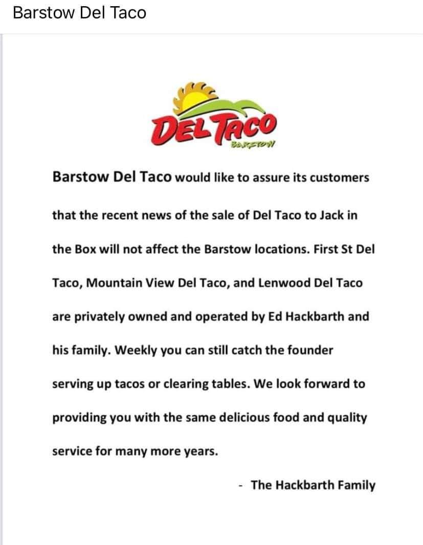 joegomez's tweet photo. Our City in #barstowca are fortunate to have 3 of the original @DelTacoBarstow founded by Ed Hackbarth
#jackinthebox #deltaco https://t.co/t9hJ5K2u1f