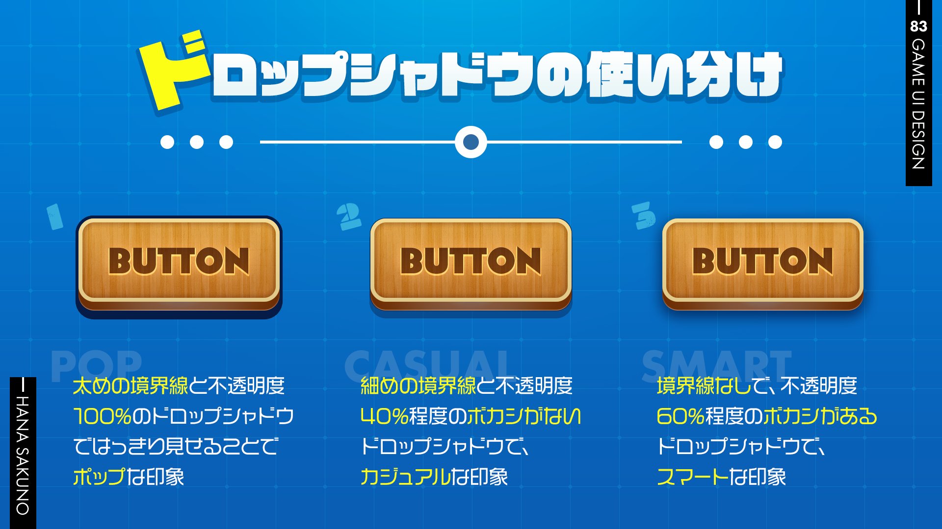 はなさくの ゲームuiデザイナー デザニメ ラボ所属 ボタンの押せる感を出すための ドロップシャドウの付け方3選 デザインのテイストに合わせて 影を使い分けると それっぽくまとまります 左側にいくほどポップな印象で 子供向けゲームでの使用