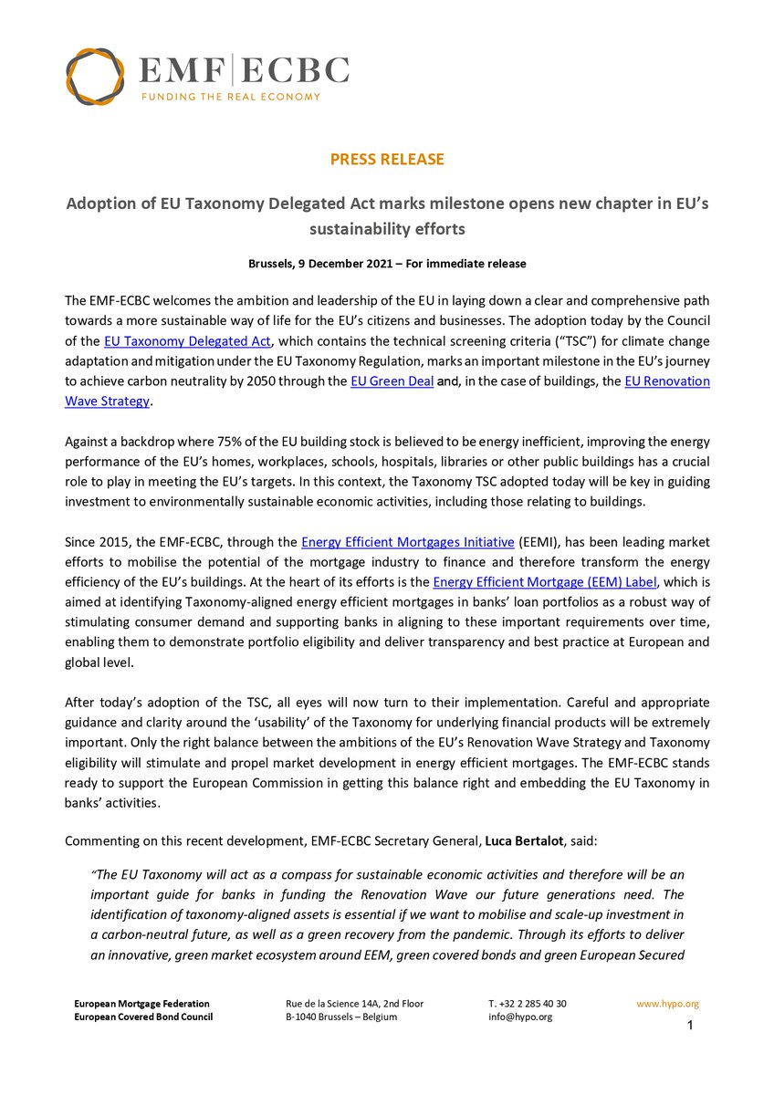 EMF_ECBC's tweet photo. The adoption by @EUCouncil of the #EUTaxonomy DA, which contains the #TSC for climate change adaptation and mitigation under the EU Taxonomy Reg. , marks a milestone in the EU’s journey to achieve carbon neutrality by 2050 through the #EUGreenDeal and the #RenovationWaveStrategy https://t.co/warvJgcZHV