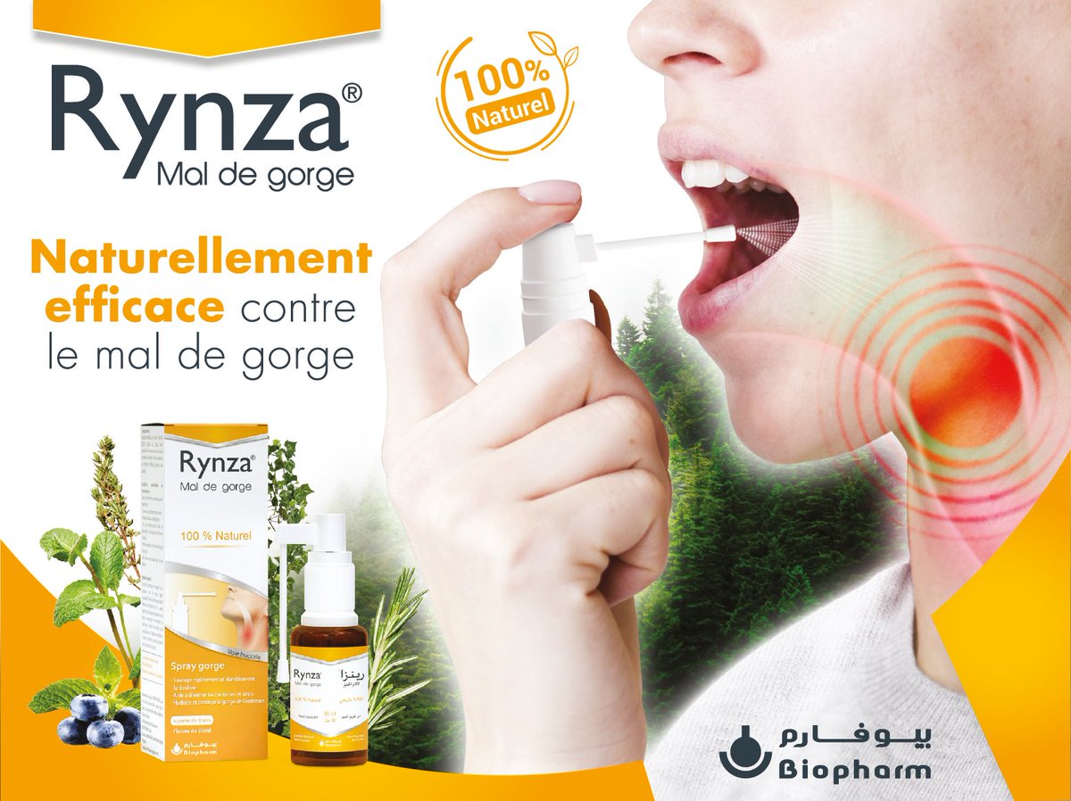 BiopharmDz's tweet photo. Grâce à sa formule à base d'extraits végétaux et d'huiles essentielles , le spray Rynza® mal de gorge permet un soulagement rapide et durable des maux de gorge. https://t.co/A8CJtZh3AC