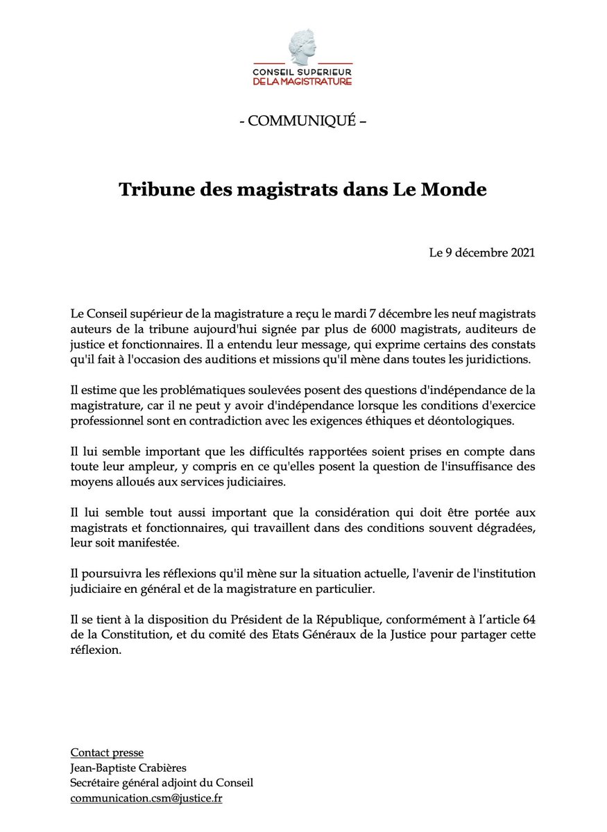 Communiqué du Conseil supérieur de la magistrature 🔽