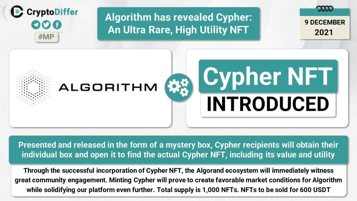 ❗️<a href="/AlgorithmFin/">AlgorithmFinance</a> has revealed Cypher: An Ultra Rare, High Utility NFT 

Presented and released in the form of a mystery box, Cypher recipients will obtain their individual box and open it to find the actual Cypher NFT, including its value and utility.

👉 medium.com/@AlgorithmFina…