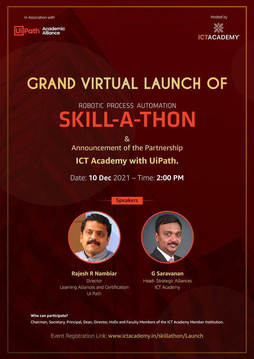 rrnamb's tweet photo. We kick start registration for #RPASkillathon 2021 in India tomorrow. #Skillathon is a learning festival where we introduce students to the world of #RPASkills and build #RPALiteracy. Thanks @ictacademyindia for hosting the event this year #SkillsChangeLives https://t.co/wdHEEYu9AS