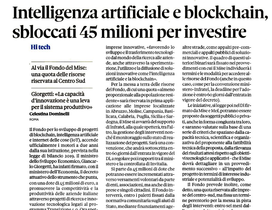 ➡️ Al via il fondo del <a href="/MISE_GOV/">Assessorato allo Sviluppo Economico di Bugliano</a> 

🗞️ "#IntelligenzaArtificiale e #blockchain sbloccati 45 milioni per investire" <a href="/celenostalgia/">Celestina Dominelli</a> su <a href="/sole24ore/">IlSole24ORE</a> 

#innovazione <a href="/MEF_GOV/">MEF</a> <a href="/edocolombo/">Edo Colombo</a> @epanto <a href="/simonintermite/">Simone Intermite</a> <a href="/franzrusso/">Franz Russo</a> <a href="/innovalabns/">NicolaSotira</a> <a href="/marcogy/">Marco Gay</a> <a href="/alelomi/">alessandra lomonaco</a>