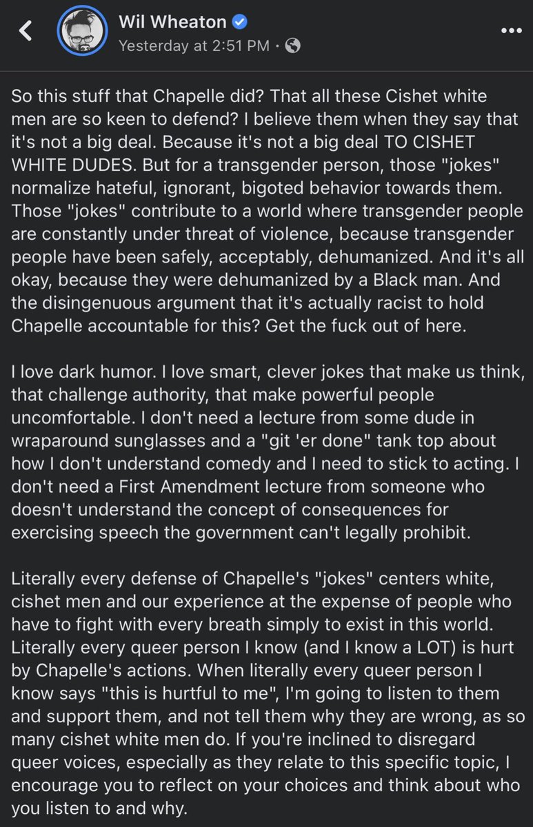 Amee Vanderpool (@girlsreallyrule) on Twitter photo This post from <a href="/wilw/">Wil Wheaton</a> about taking a stand against some of Dave Chappelle's comedy is poignant. I would add I felt the same way about the blatantly misogynistic material. Punching down is just lazy for a "great" comic. Also, don't @ me if you disagree, I couldn't care less. This post from <a href="/wilw/">Wil Wheaton</a> about taking a stand against some of Dave Chappelle's comedy is poignant. I would add I felt the same way about the blatantly misogynistic material. Punching down is just lazy for a "great" comic. Also, don't @ me if you disagree, I couldn't care less.