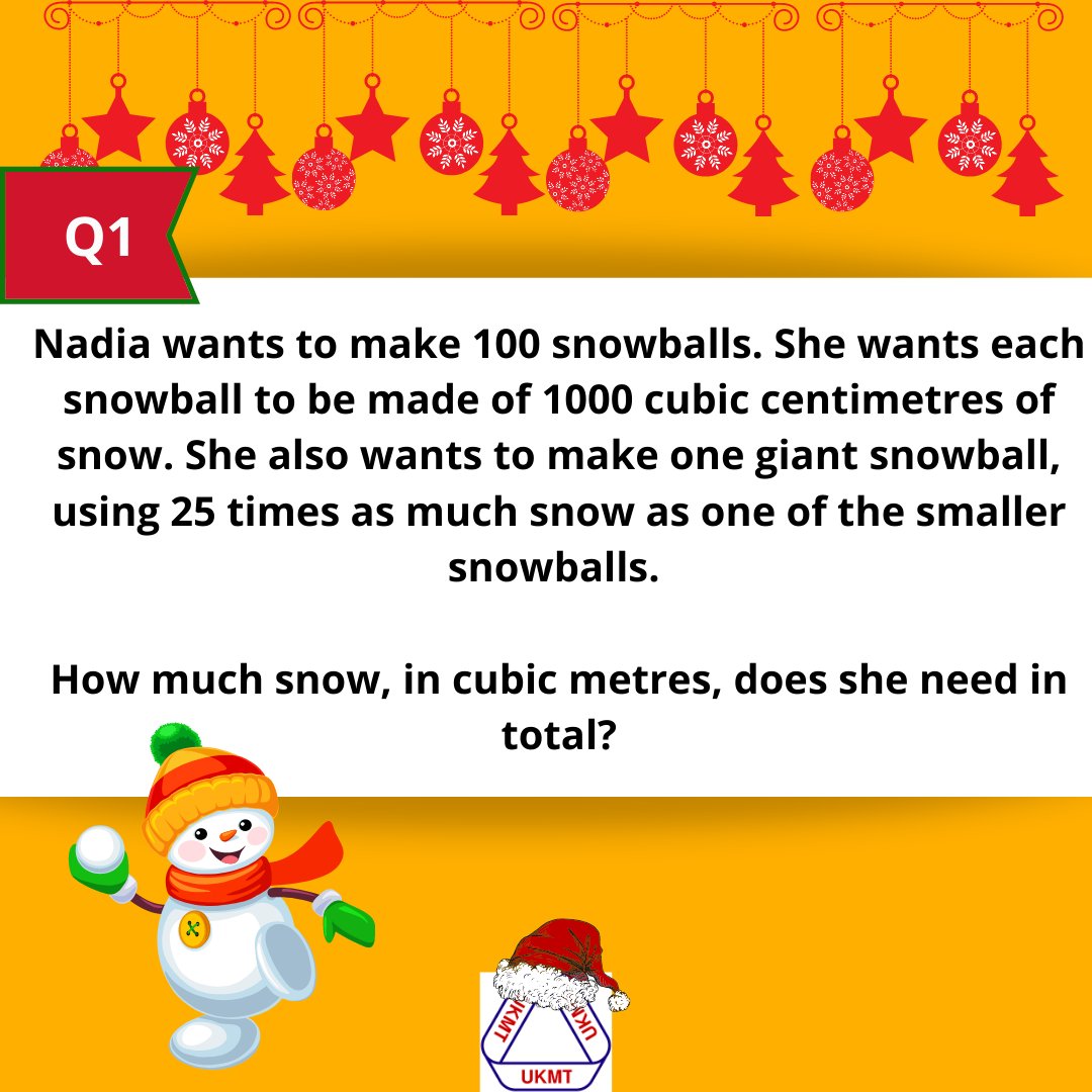 Day 1 of the UKMT Festive Mathematical Countdown!

Please don't put the answer below, so that others can work out the solution themselves, but do please give us a thumbs up or a like if you think you've got the answer!  Question 2 (and solution 1) will be available tomorrow....