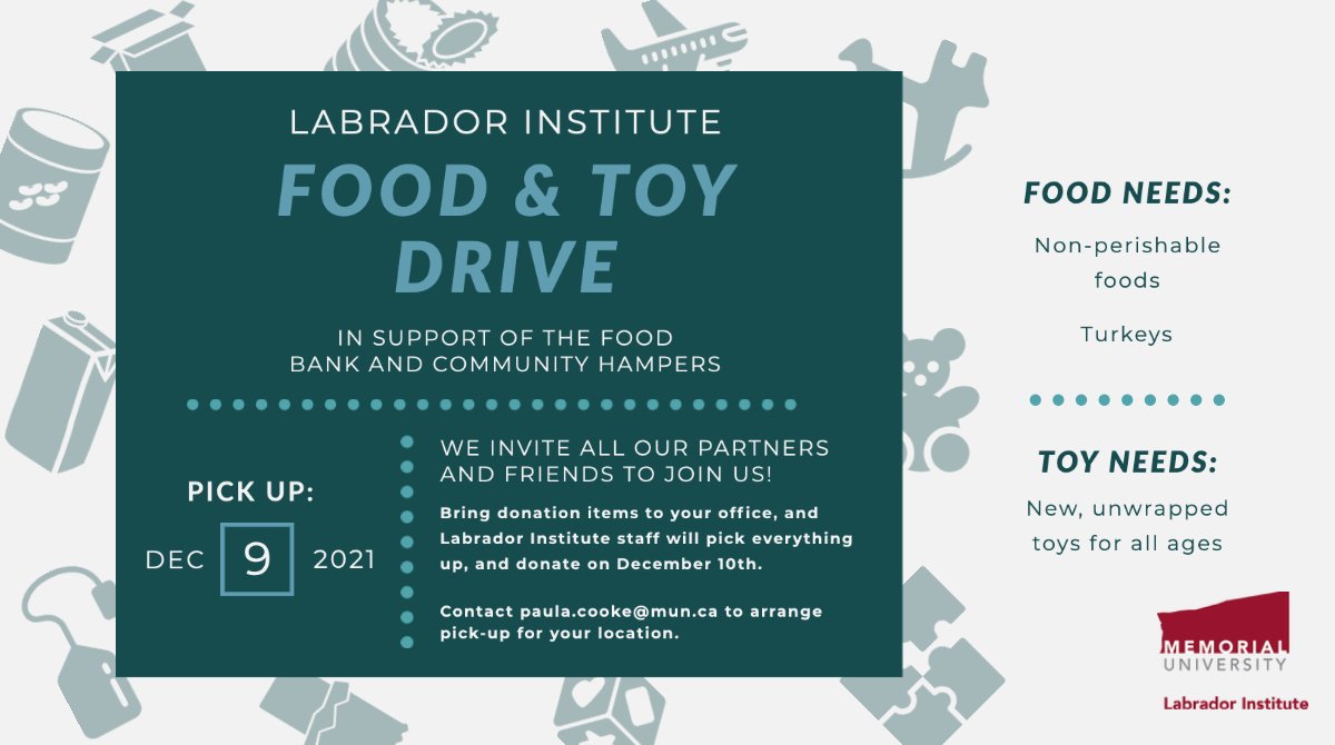 LabradorCampus's tweet photo. Today's the day! Labrador Institute staff will be picking up donations from our friends & partners in the region as part of our annual food & toy drive. Please contact paula.cooke@mun.ca for details! #comMUNity #comMUNityofGiving @MemorialU https://t.co/kHguDPvP3q