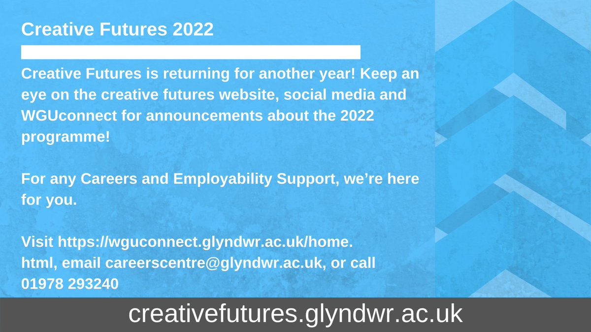 GlyndwrCF22's tweet photo. Creative Futures is returning for another year! Keep an eye on our social media and WGUconnect in 2022 for announcements about the programme!

#CreativeFutures2022 https://t.co/xm1wj6Aryb
