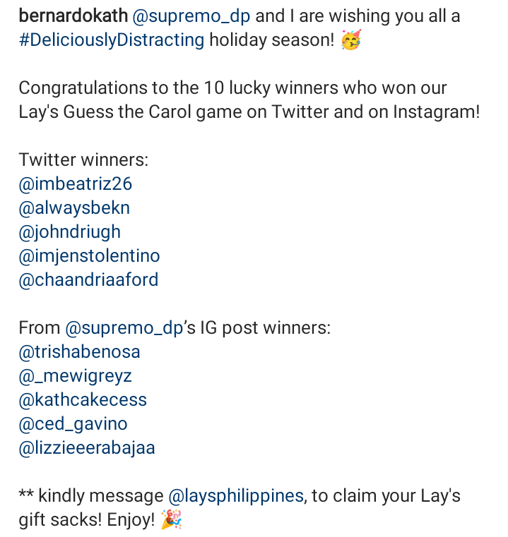 Djp5SOS's tweet photo. "@imdanielpadilla and I are wishing you all a #DeliciouslyDistracting holiday season! 🥳

Congratulations to the 10 lucky winners who won our @LaysPhilippines Guess the Carol game on Twitter and on instagram!"

@bernardokath
https://t.co/oLu4NdtCES https://t.co/J6IQFD2jDU