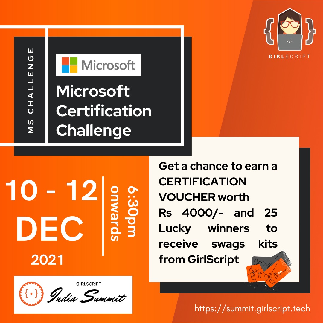girlscriptptk's tweet photo. Greetings from GirlScript Foundation🙏🏻

GirlScript India Summit 2021 brings to y'all a pre - summit Microsoft Certification Challenge where everyone will get a chance to complete a Microsoft learn path and earn a Microsoft certification voucher worth Rs. 4000 for FREE!!! https://t.co/HLzIhaSDLn