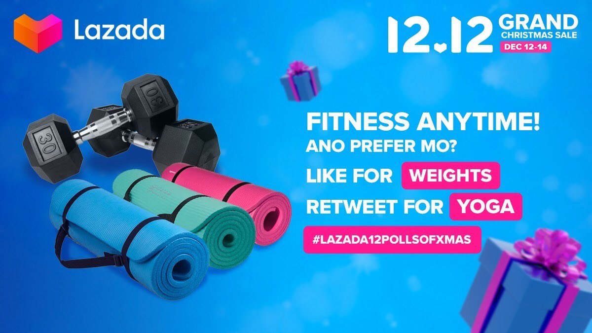 LazadaPH's tweet photo. Promise, fitness goals na talaga after Pasko. LIKE this tweet if you’re into #Weights or RT kung #Yoga -- don’t forget to add #Lazada12PollsofXmas!
#LazadaPH1212
#Lazada1212GrandChristmasSale
#NamamaskoSaLazada #LazadaPH https://t.co/ZPbXK1hPL3