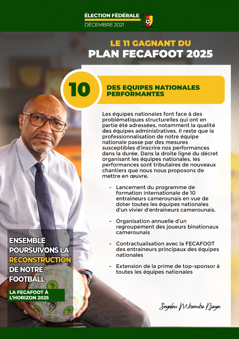 Our winning #11 is, we are convinced, the essential levers that will allow us to have High-Performing National Teams...

#winning11
#2021FederalElection
#Fecafoot2025