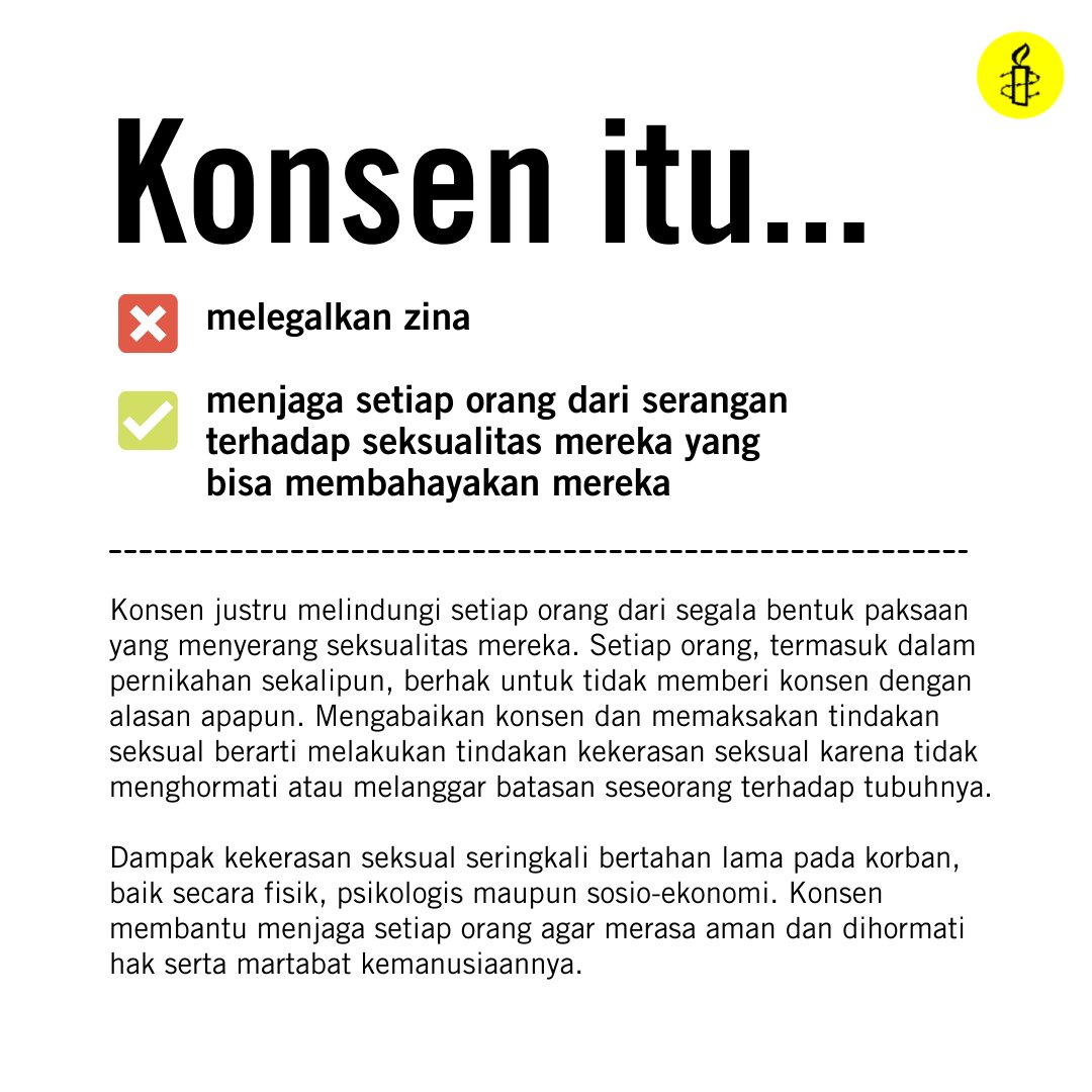 1. Konsen itu...
❎ melegalkan zina
✅ menjaga setiap orang dari serangan terhadap seksualitas mereka yang bisa membahayakan mereka

Konsen justru melindungi setiap orang dari segala bentuk paksaan yang menyerang seksualitas mereka.