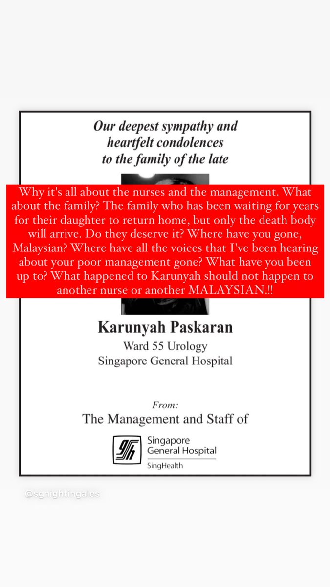 We have lost a life today... A NURSE. 

What happened to you today should not happen to another nurse or another MALAYSIAN 🇲🇾.

Karunyah, I hope you find all the peace that your lovely soul deserves &amp; for the family, my deepest condolences to you. You’re not alone.!
