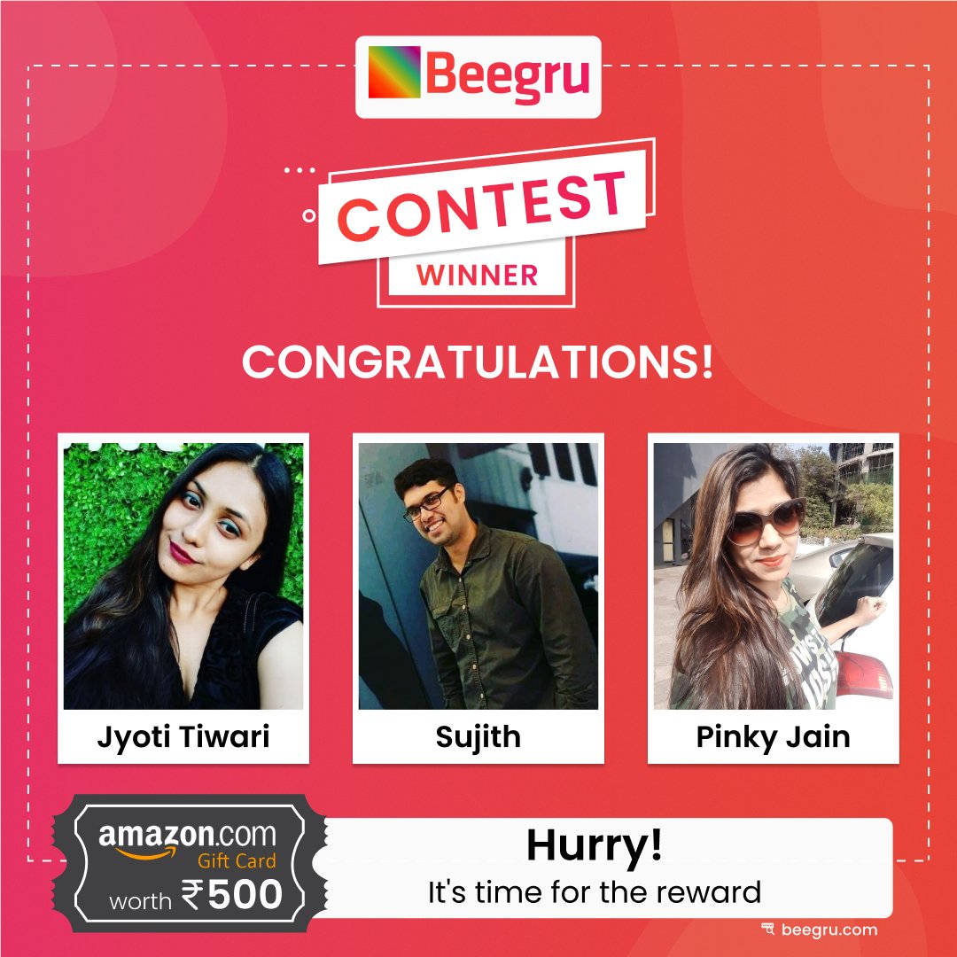 Thank you to all of the entrants for making the contest a success.
Congratulations to the 3 lucky winners Jyoti Tiwari, Sujith, and Pinky Jain.
-
#WinnerAnnouncement #Website #Winners #ContestWinner #ContestResults #RealEstateContest #LuckyWinner #AmazonGiftVoucher #Beegru