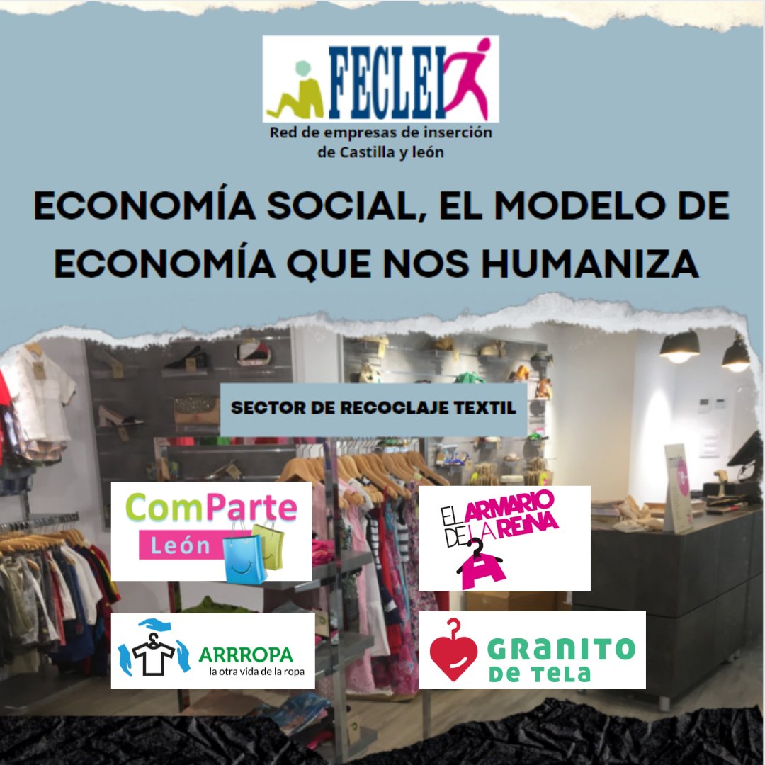 Feclei's tweet photo. ¡Da una nueva vida a las prendas que ya no utilices!
Os mostramos las empresas de inserción miembros de FECLEI que dedican su actividad al reciclado de textil.
Apoya el consumo sostenible y responsable a través de una finalidad social.👏
#empresasocial #impactosocial #Feclei https://t.co/Y2Gxzp4tAr