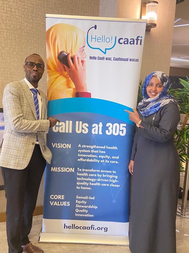 Hello! Caafi banner is finally up! Call us at 305 
<a href="/Sahra_Noor/">Sahra Noor</a> and Mohamed Addow from <a href="/iRiseHub/">iRise Hub</a> at <a href="/MogTechSummit/">Mogadishu Tech Summit</a> #MTS2021 #Health #Tech #Somalia