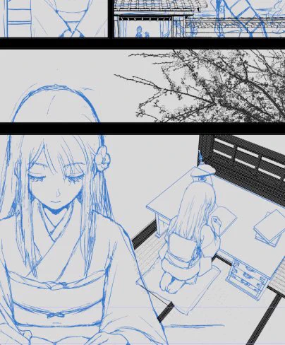 今回、下描きの段階で背景を先に固めてるんだけど、この手順は結構いいかもしれない。時間的にまだ焦りがないから、色々探したり試したりする余裕があって結果早く済んでる気がする🤔 