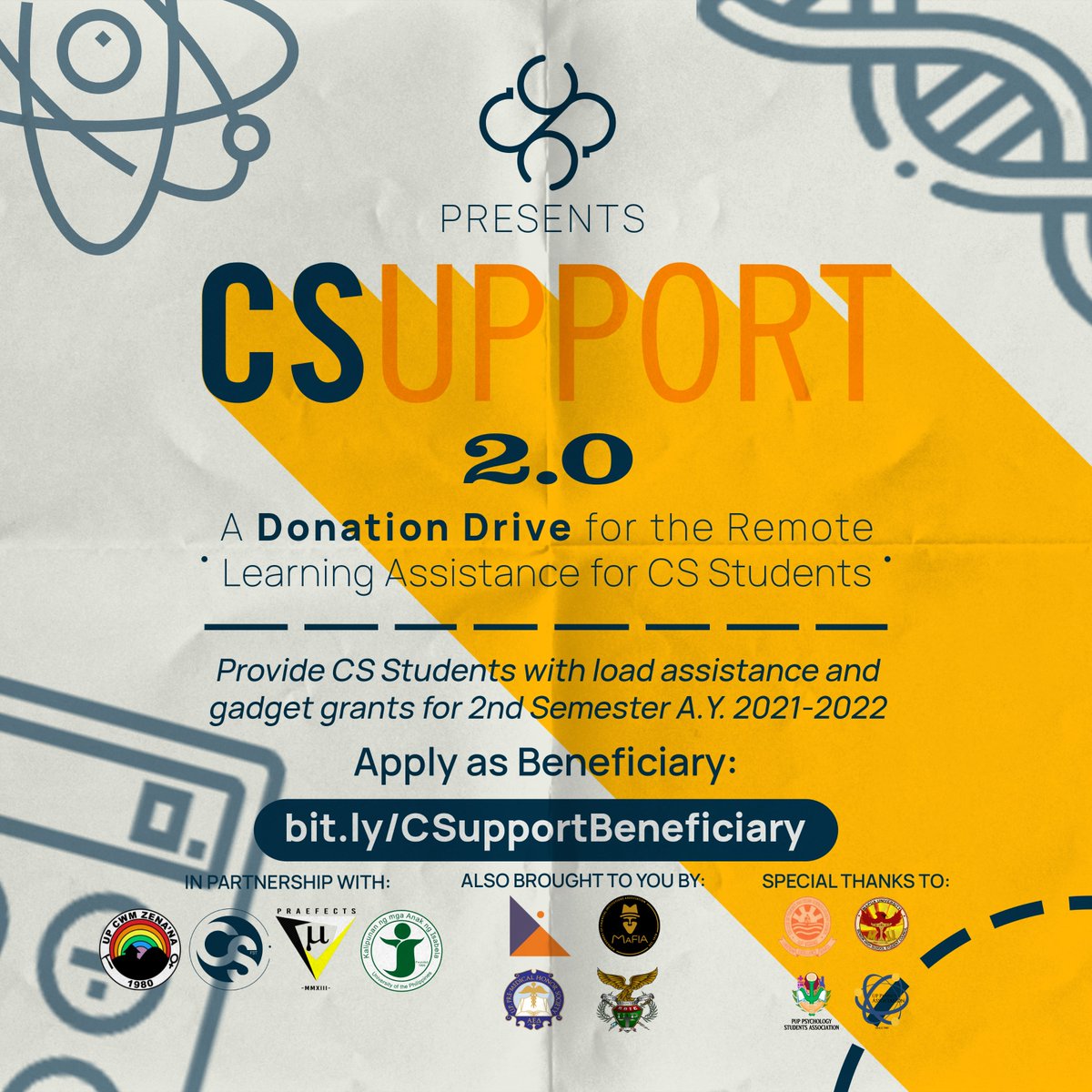 upcssc's tweet photo. CSupport 2.0: A Donation Drive for the Remote Learning Assistance for CS students to provide weekly load assistance and gadget grants for the 2nd Sem of AY21-22.

Interested beneficiaries, please complete this form (https://t.co/kQgLIOSS5t) by Jan 24, 2022. https://t.co/JfvR5oXaXg