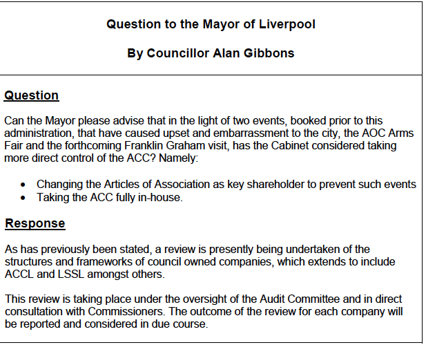 mygibbo's tweet photo. I raised this question about the damage done to the city by the AOC Arms Fair and Franklin Graham bookings at the @ACCLiverpool.

I look forward to scrutinising the outcome of the current review. https://t.co/PnzFzT9R7L